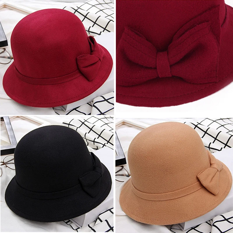 Fashion Hat Vintage Women Bucket Cap Solid Bow Woolen Felt Fedoras Hat Female Winter Autumn Ladies Dome Felt Wedding Church Jazz Caps Bowler