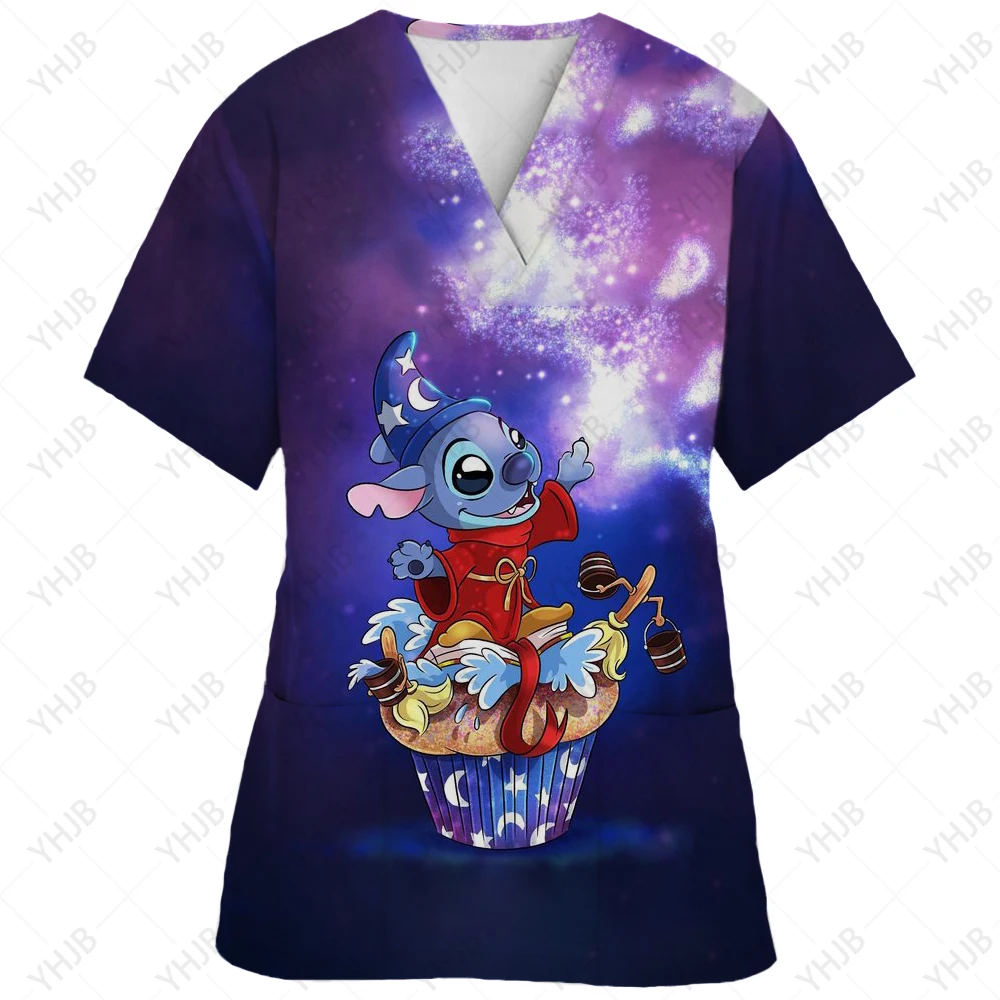 thumbnail image 1 of Blusa de uniforme de trabajo con cuello en V y cordón de manga corta con estampado de dibujos animados de Disney Stitch para mujer, 1 of 5