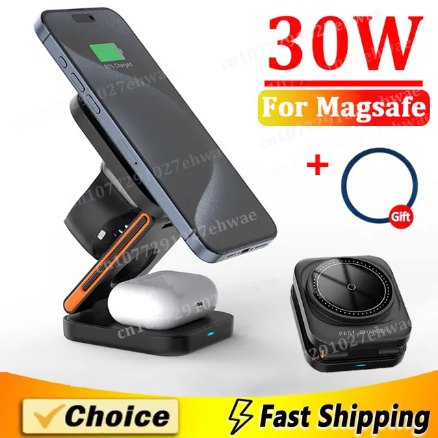 Station de charge magnétique sans fil pliable, support de chargeur rapide, 3 en 1, 30W, compatible avec iPhone 15, 14, 13, 12, Apple Watch 8, 7, 6, Airpods Pro 1