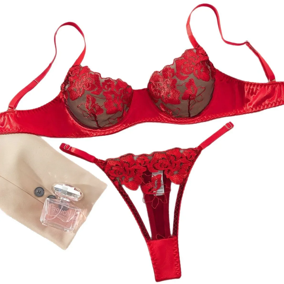 Sexy Red Embroidered Bra Set Thin Mesh Underwear Ensemble Breathable Comfortable Chinese Fashion Special Use Clothing