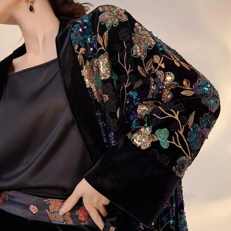 Chinese Style Sequin Embroider Tang Clothes Long Sleeve Cardigan Women's Festival Gift Vintage Coats Loose Costume