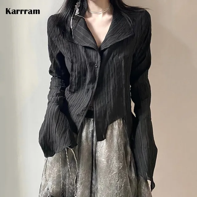 Karrram – chemise noire gothique, Style Yamamoto foncé, chemisier esthétique pour femmes, vêtements de styliste irréguliers, Emo Alt, Grunge Tops Y2k 1