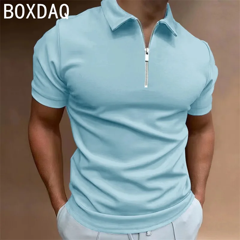 Men's Solid Color Polo shirt Fashion Casual Short Sleeve Lapel Zip