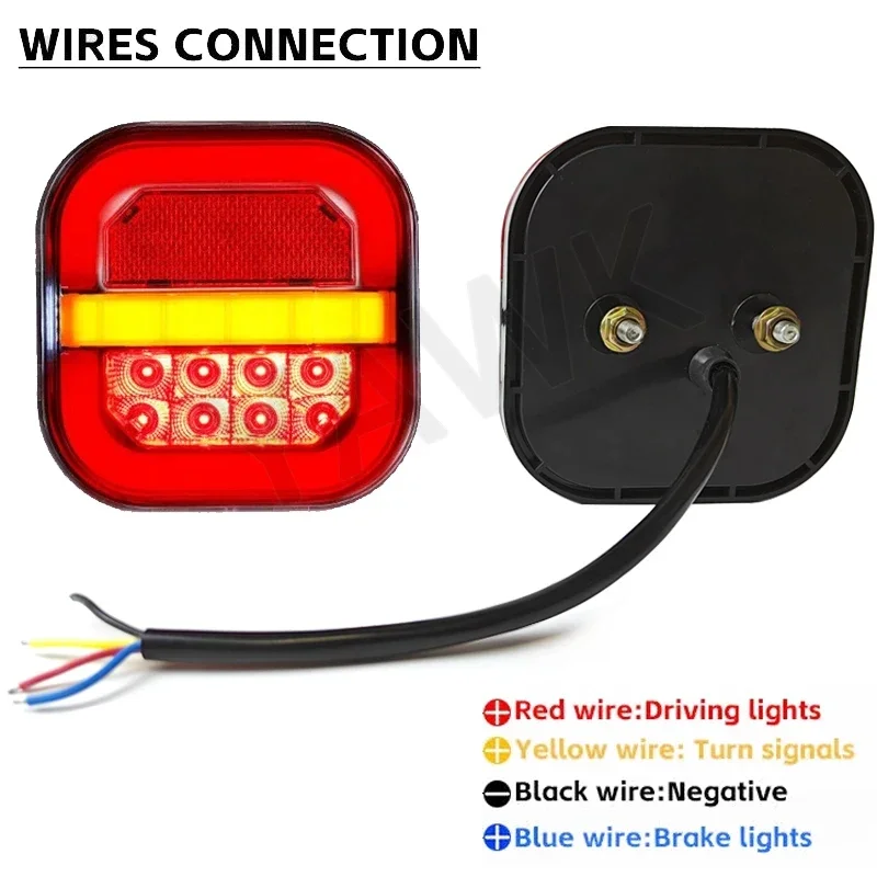 2Pcs Led Trailer Tail Lamp 4inch Square Brake Flowing Turn Signal Blinker License Plate Lamp 12V 24V for Truck Pickup Van 4x4