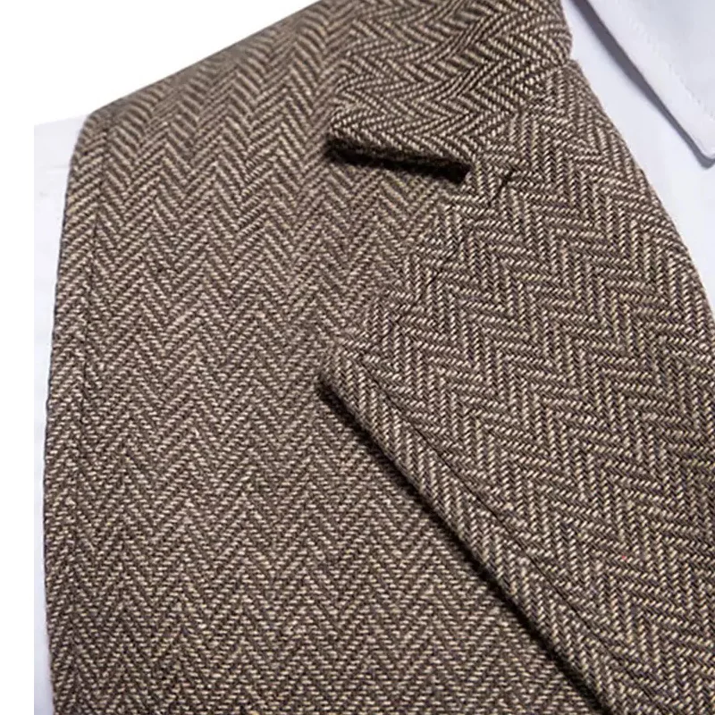 Men's Suit Vest Western Herringbone Suit Tuxedo Vest Tweed Wool Blend Waistcoat Slim Fit Brown Blazer Vest with 2 Flap Pocket