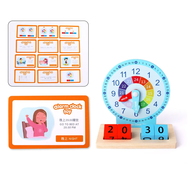 Children Montessori Wooden Teaching Clock Toys Kids Time Learning Kindergarten Alarm Clock Toy for Baby School Early Development 4