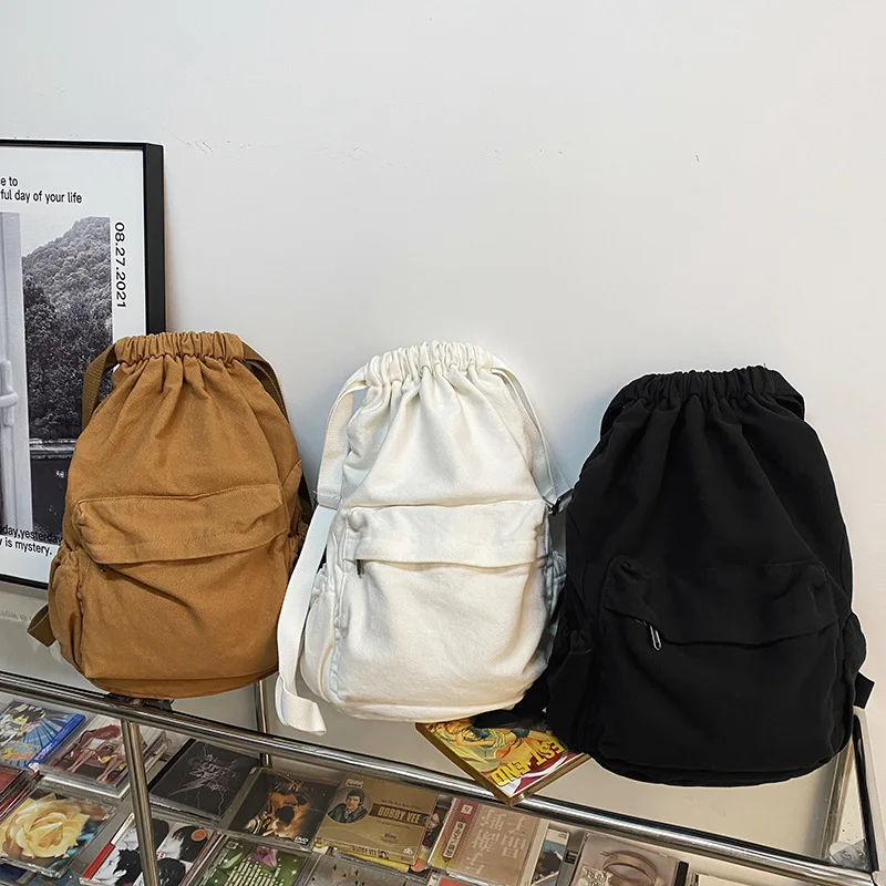 HOCODO Canvas Drawstring College Backpack Fashion Anti-Theft Backpack Solid Color Student Backpack Unisex Vintage Backpack Women 