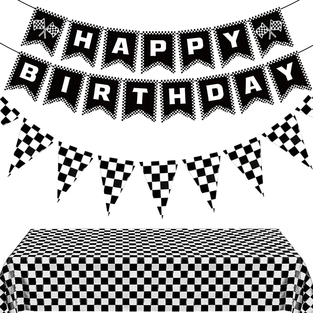Schwarz-weiß karierte Flaggen, Rennwagen, alles Gute zum Geburtstag, Banner, Tischdecke für Kinder, Jungen, Rennwagen, Geburtstagsparty-Dekorationszubehör – Detail 1
