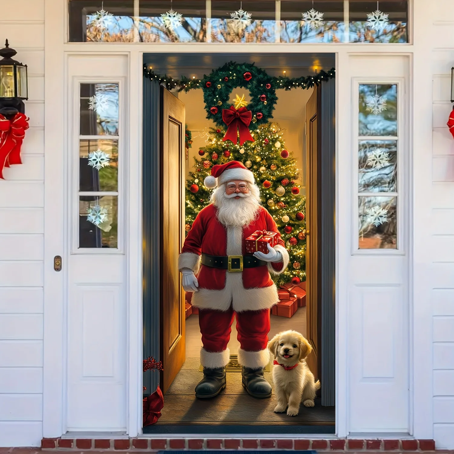 Santa Claus & Christmas Tree Door Cover 35.4x70.8" Festive Holiday Decoration Hanging Entrance and Room