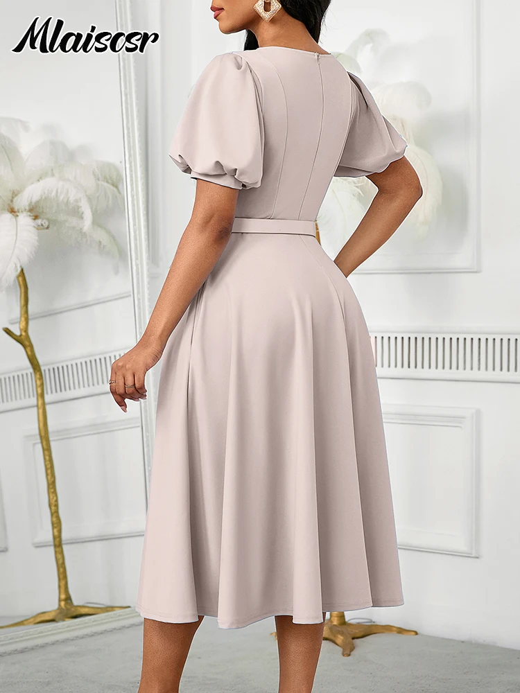 Mlaiscsr Office Lady Work O-Neck Puff Sleeve Wrap Waist A-line Blue Dresses  with Belt Women Fall Bodycon African Birthday Robe - AliExpress 200000345