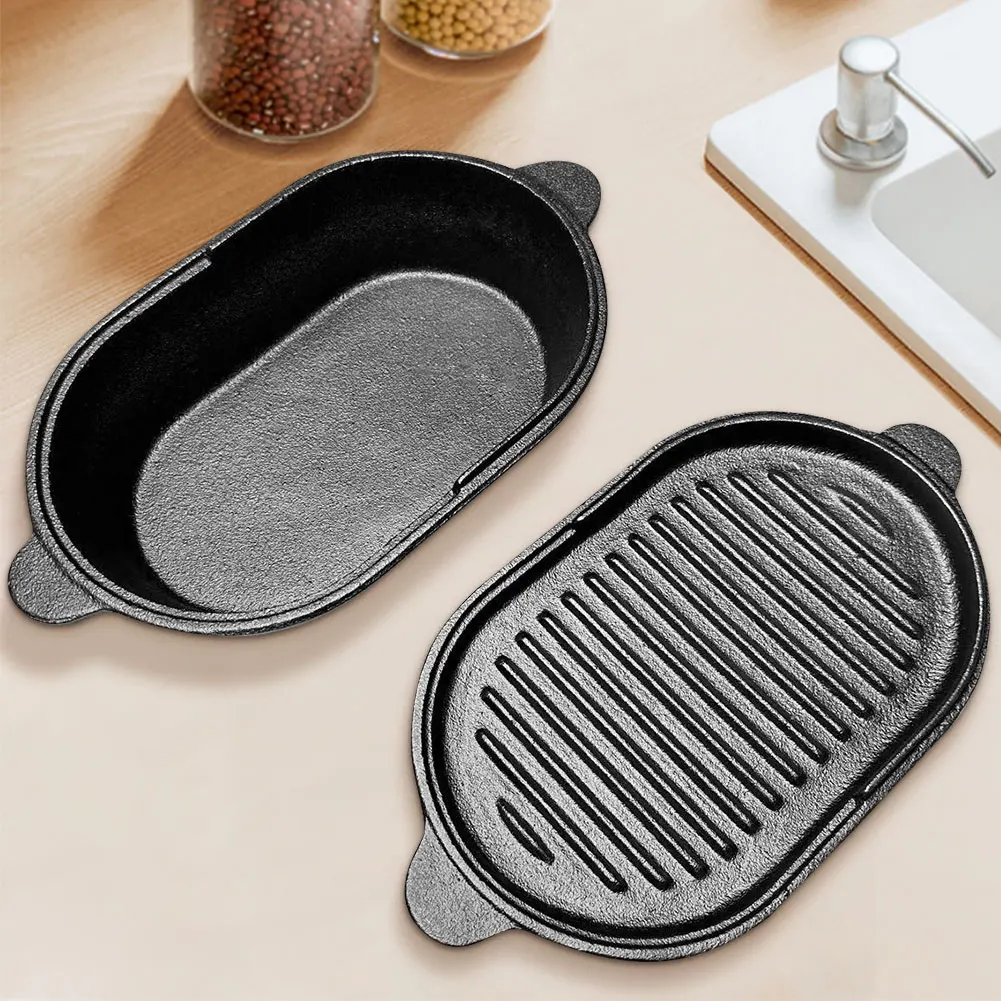 11 X 6.3in Cast Iron Griddle Pan Oval Griddle Reversible Grill Pan 2-in-1 Skillet for Indoor & Outdoor Cooking