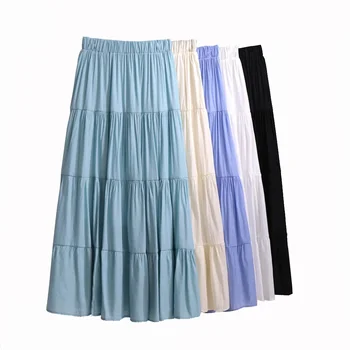 용수철 여성용 코튼 린넨 맥시 스커트, A라인 단색, 캐주얼 플리츠 스커트, 가을 소녀, 여름