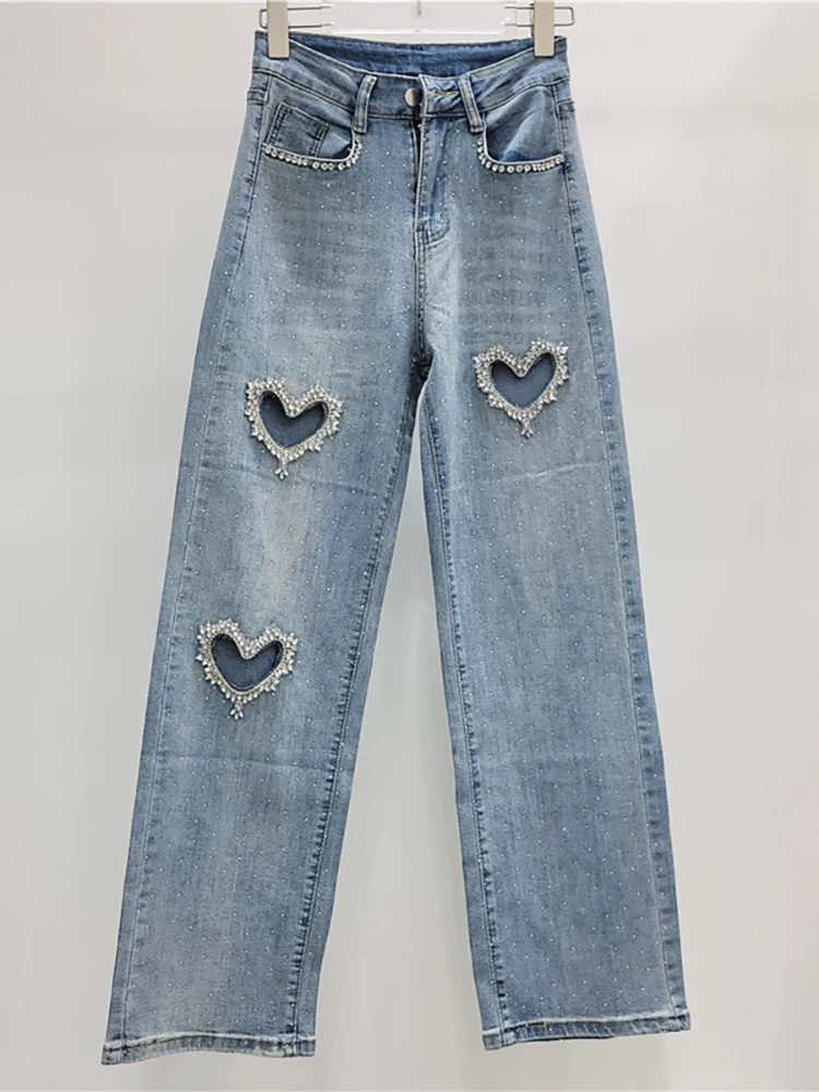 DEAT Women's Jeans High Waist Straight Heart Hollow Out