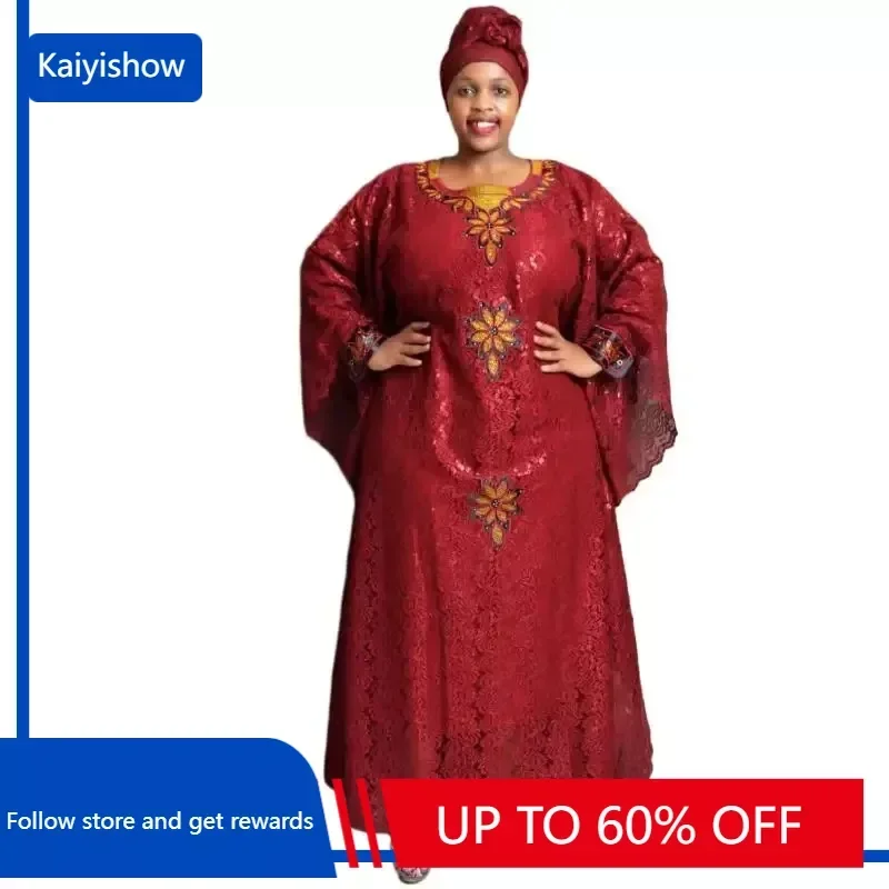 

Plus Size African Clothes for Women 2023 New Dashiki Ankara Embroidery Bazin Riche Design Wedding Party Dresses with Headscarf