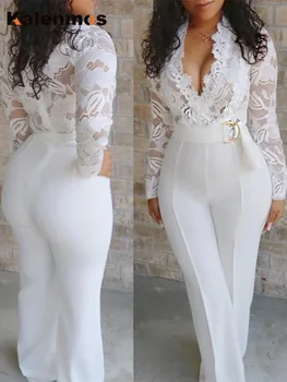 White Jumpsuit Women Overalls Elegant Lace Long One Piece High Waist Feather Y2k Sexy Wedding Party Night Evening Rompers 1