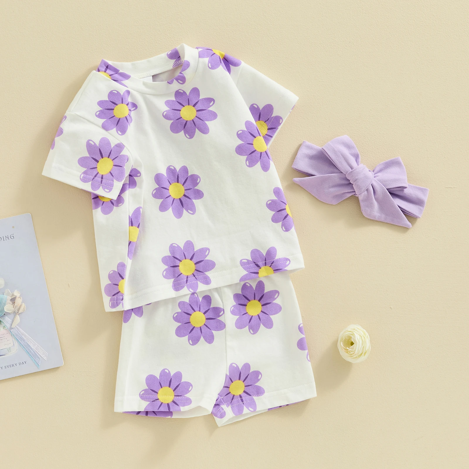 FOCUSNORM 0-3Y Lovely Baby Girls Summer Clothes Sets 3pcs Flowers Print Short Sleeve T Shirts Tops Shorts Hairband