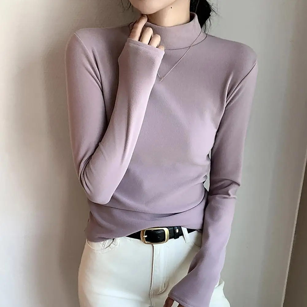

Casual Women Top Cozy Half-high Collar Women's Winter Top with Thick Velvet Soft Elastic Long Sleeve Slim Fit Warm Lady for Fall
