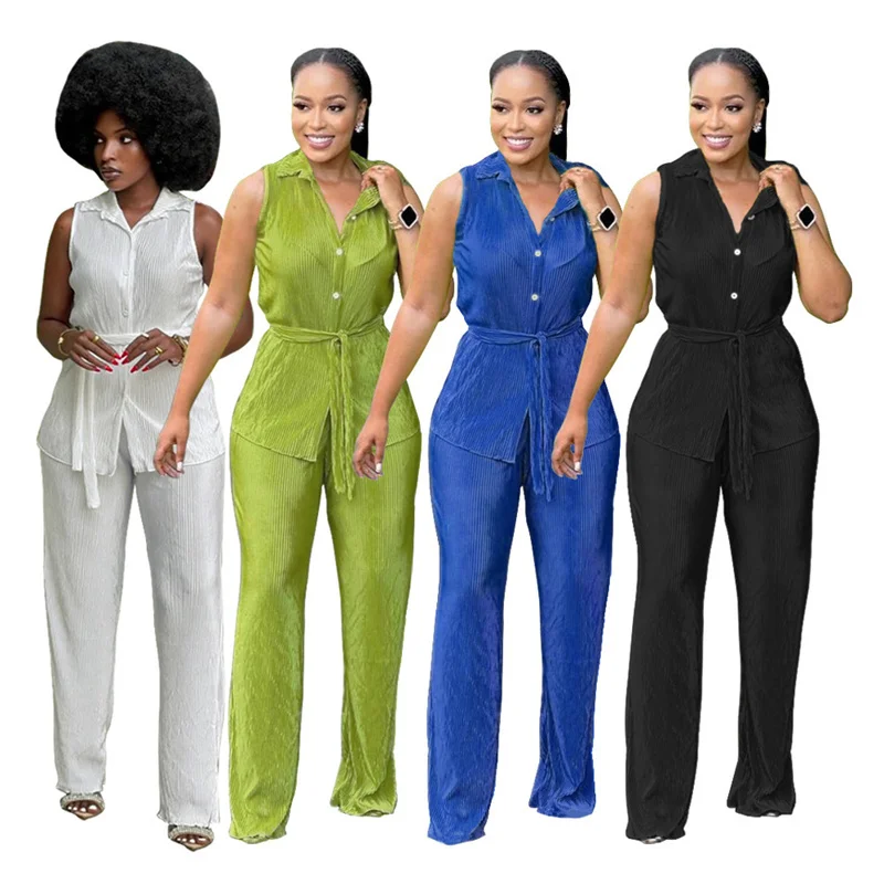 

Женский однотонный комплект из 2 предметов, рубашка без рукавов и завязки с одинаковыми брюками, осенний комплект для отдыха из Юго-Восточной Азии