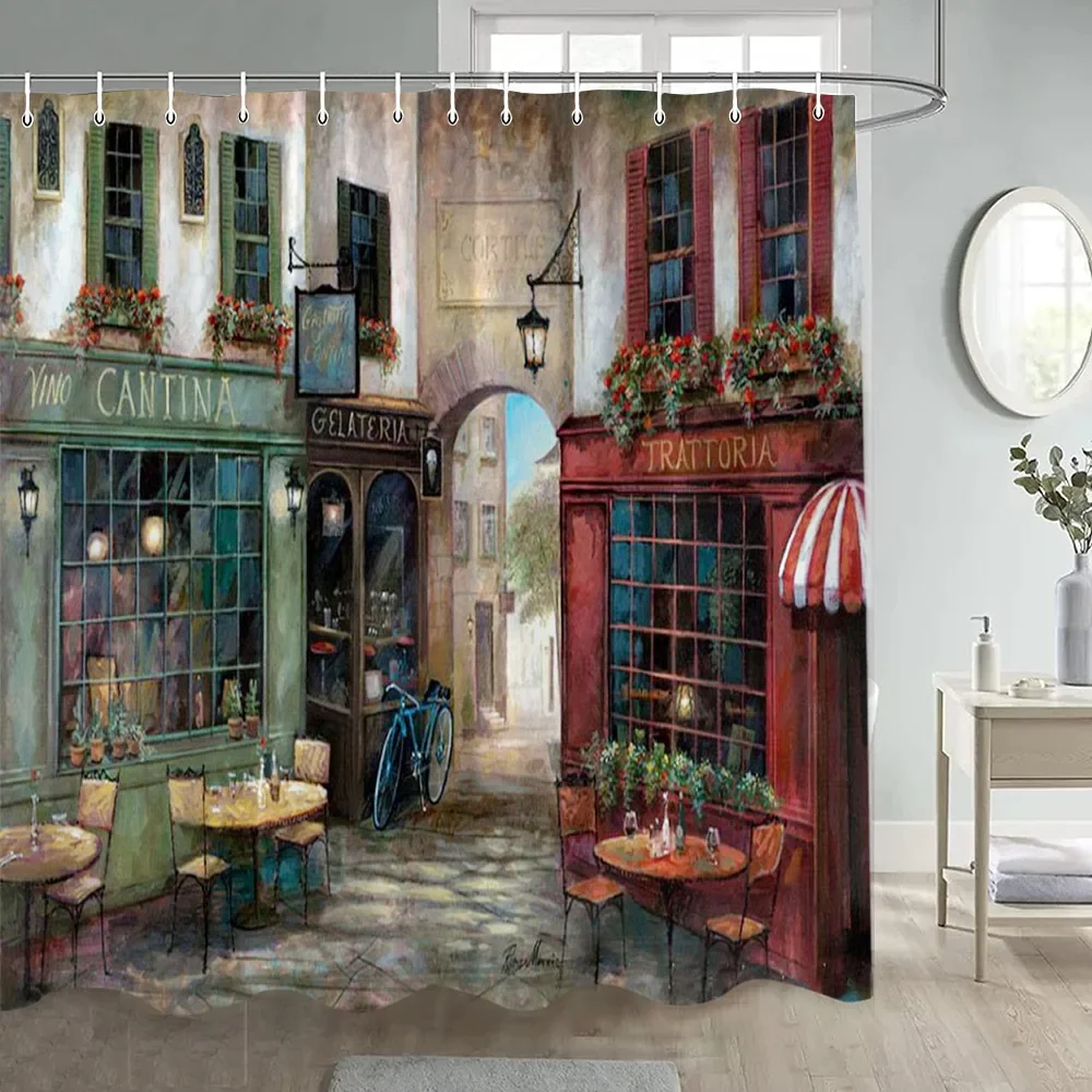 Retro Style Oil Painting Street View Restaurant Shower Curtain Building Bathroom With Hook Waterproof Washable Fabric Suit 4