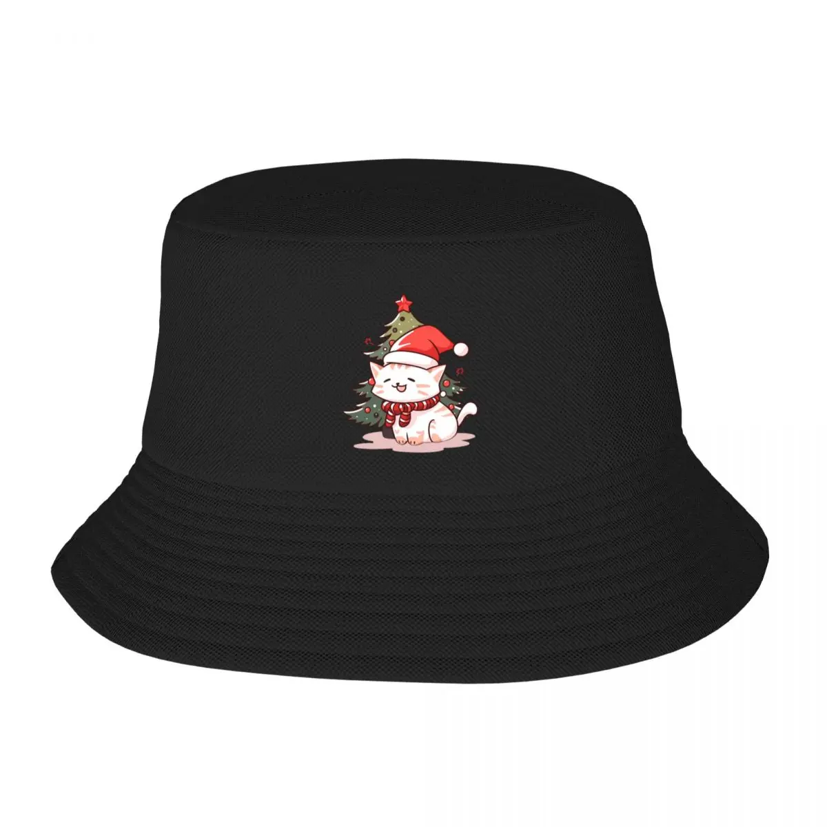 

Cute cat wearing Santa hat near Christmas tree Bucket Hat Golf Hat Beach Hats Baseball Cap Rugby Men Hat Women's