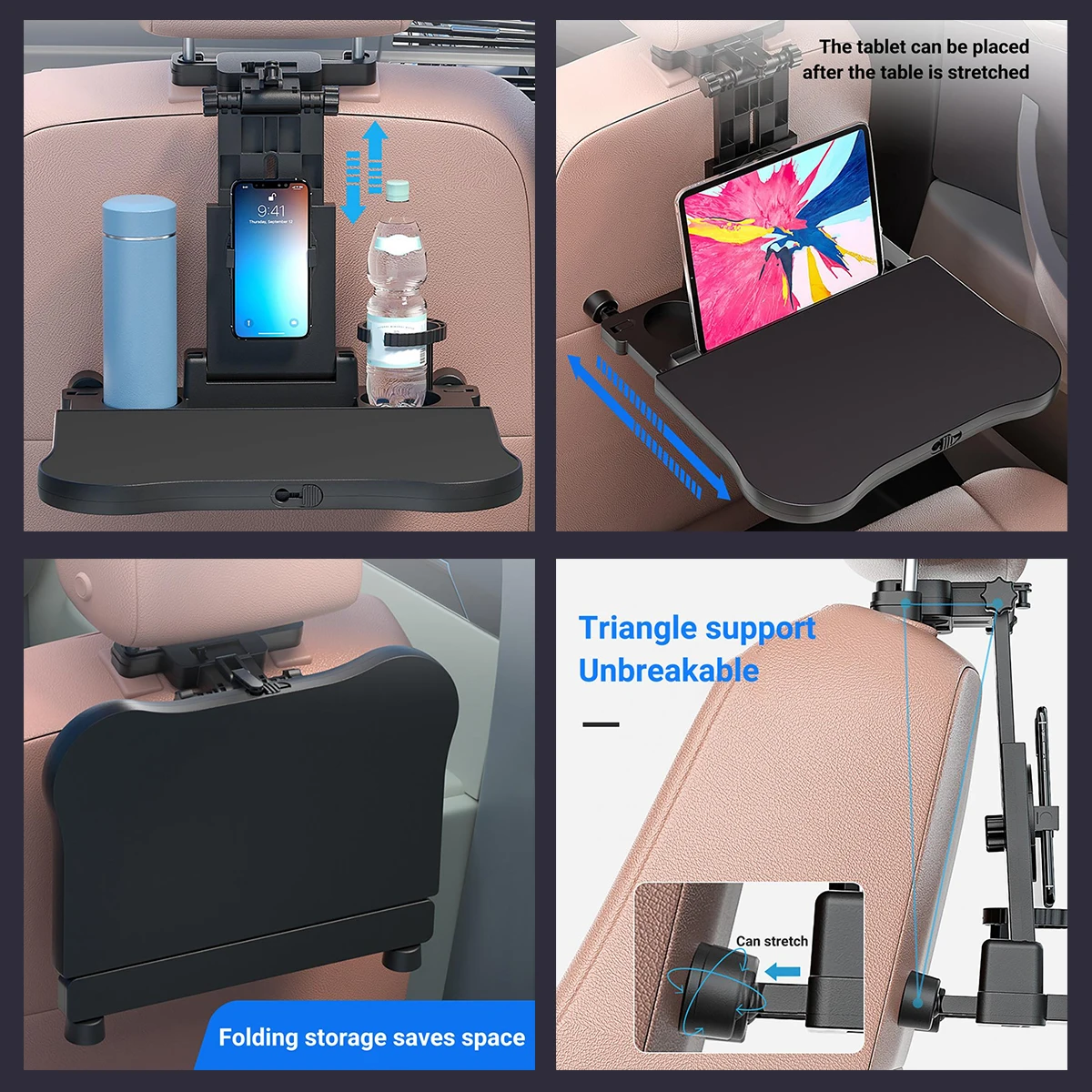 Organizzatore per schienale per seggiolino auto Vassoio pieghevole Portabicchieri per bevande Sedile posteriore Scrivania per laptop Supporto stabile Supporto per archiviazione sedile posteriore automatico  34