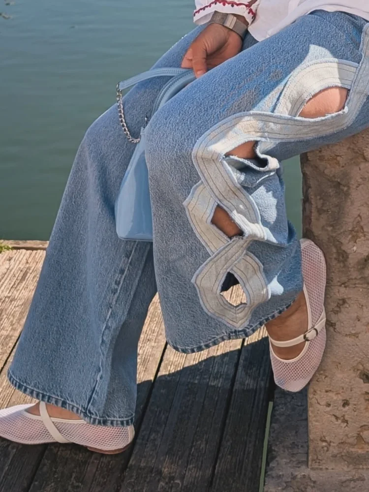 Y2k Fashion Hollow Out Female Jeans Chic Pockets Zipper Wide Leg Denim Pant Blue Lady Summer Streetwear 2026 New Commute 4