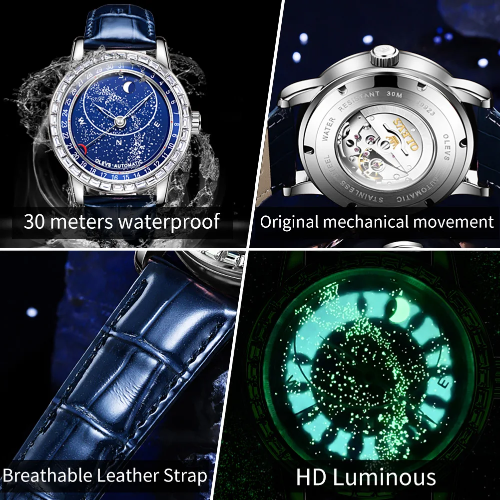 OLEVS Brand Luxury Diamond Mechanical Watch for Men Fashion Starry Sky Mens Watches Leather Strap Waterproof Luminous Blue Clock