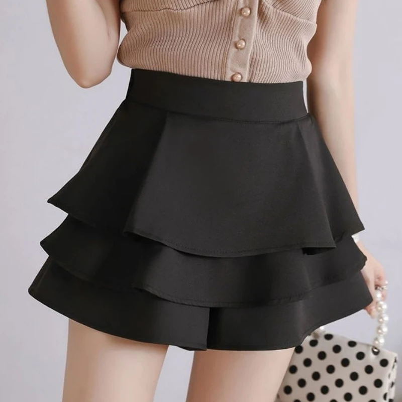 Summer New Solid Color Fashion Cake Shorts Skirt Women High Street Casual Loose Elastic Waist Elegant Personality Wide Leg Trous