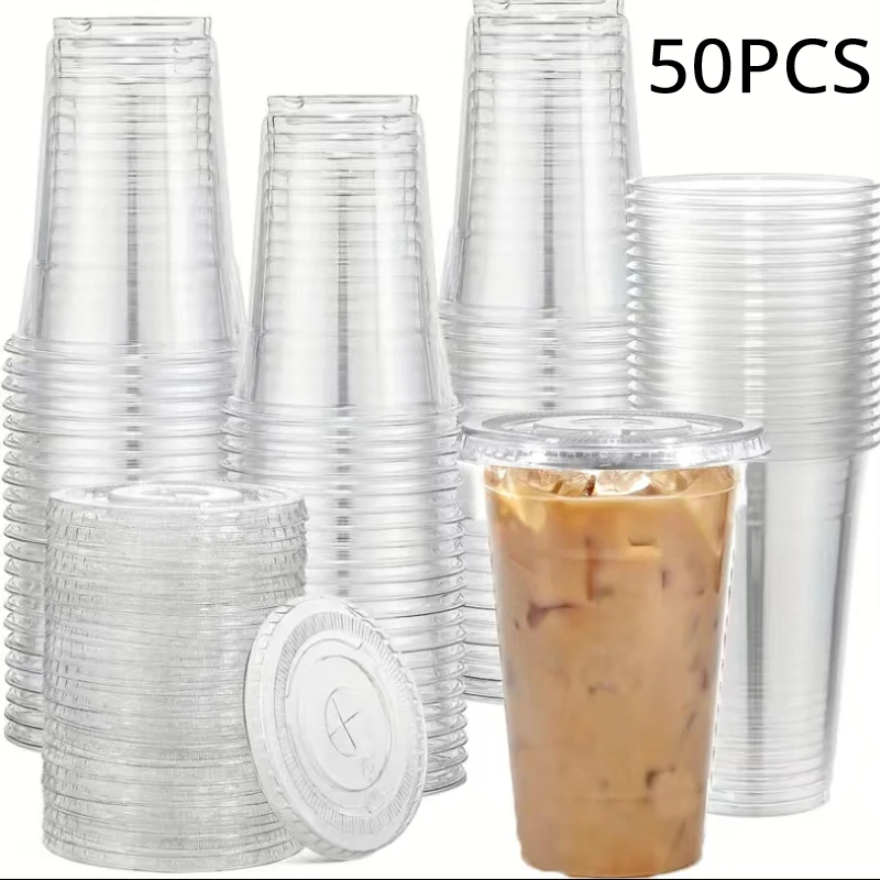 50PCS 16OZ Clear Plastic Cups Flat Lids Disposable Drinking Cup for Party Wedding Ice Coffee  Milkshakes Drinking Glasses Bulk