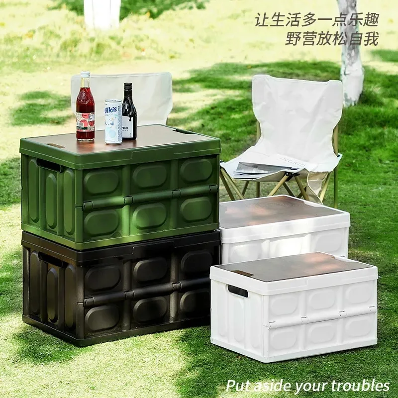 Outdoor Camping Folding Box With Wooden Lid Car Storage Box Food