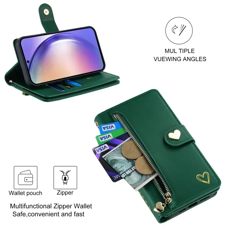 Lanyard Leather Zipper Wallet Card Phone Case For Samsung Galaxy A15 A14 A24 A34 A54 A13 A23 A33 A53 A73 A52 A72 A05S Flip Cover