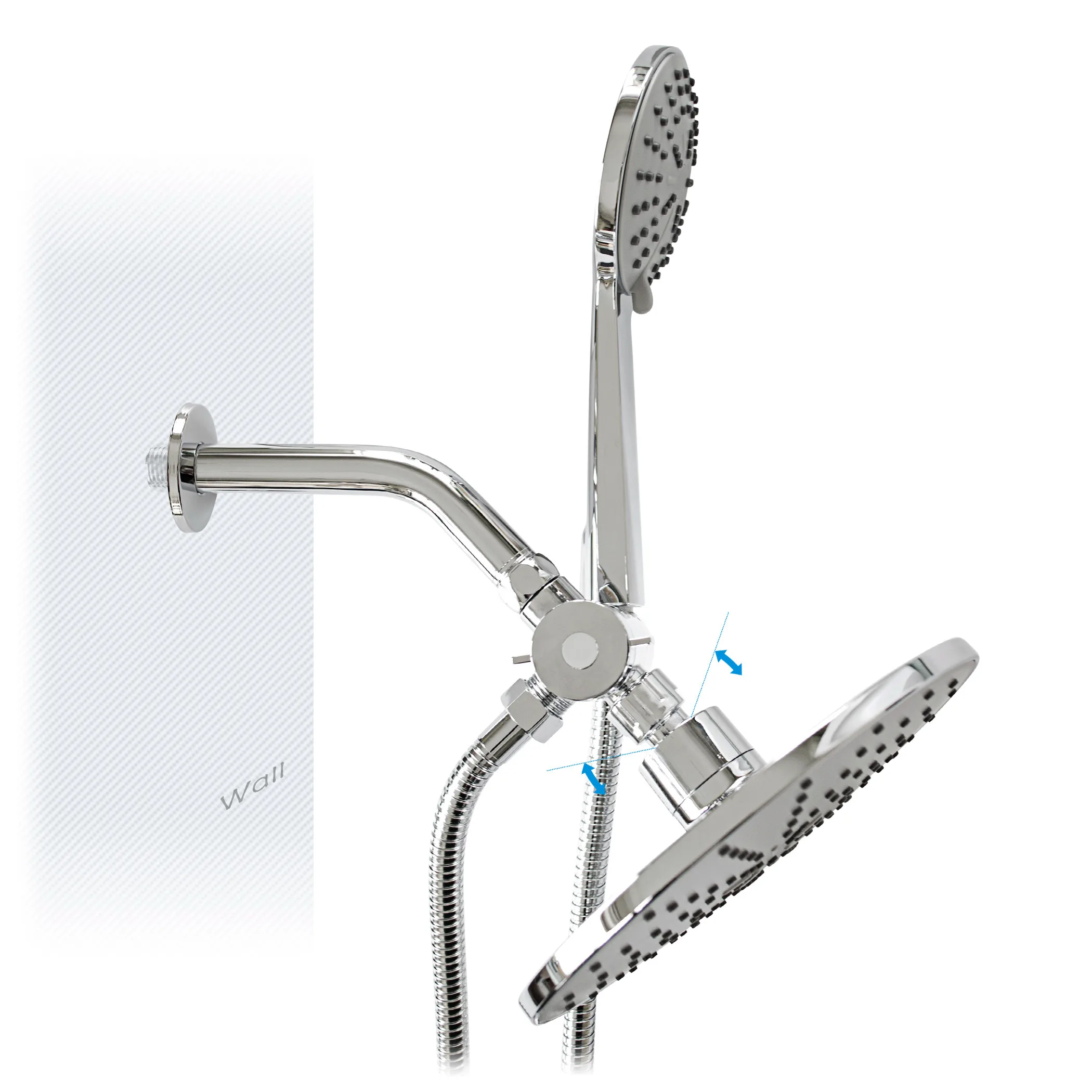 

G1/2 Chrome Shower Faucet System Set - Angle Swivel Fixed Rainfall Sprayer + Handhold Showerhead + Shower Arm + Valve + Hose