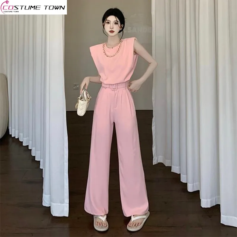 

2023 Summer New High End Internet Celebrity Set Fashion Goddess Style Sleeveless Top High Waist Slimming Wide Leg Pants