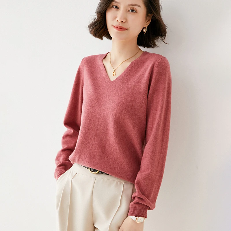 Women's 100% Pure Wool V-Neck Loose Pullover Sweater Basic Style All-Match Knitted Sweater women sweater
