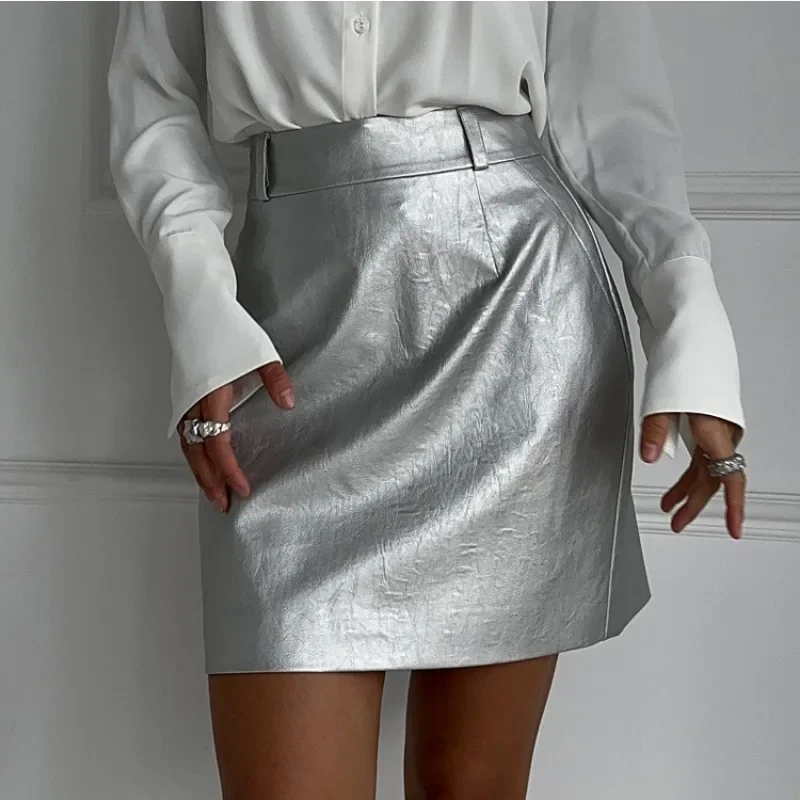 

Autumn Spring Streetwear Short Pencil Skirts Sexy High Waist PU Leather Skirt Elegant Y2K Women Silver Bodycon Latex Mini Skirt