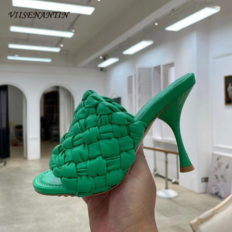 

Knitted High Heel Slippers Sandals Sexy Thin Heel Designer Real Leather Green Purple Luxury Runway Shoes Sapatos Mujer Peep Toe