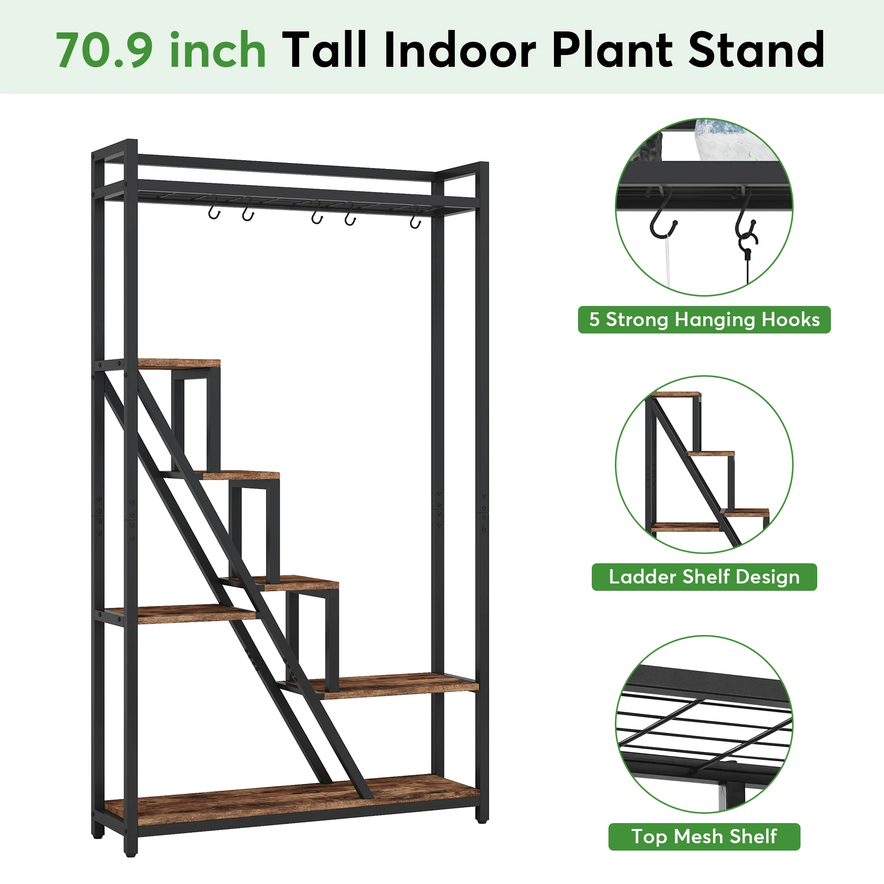 Tribesigns 70.9" Tall Indoor Plant Stand 7-Tier Large Plant Shelf 5 S-Hooks Industrial Wood Flower Stand Display Rack