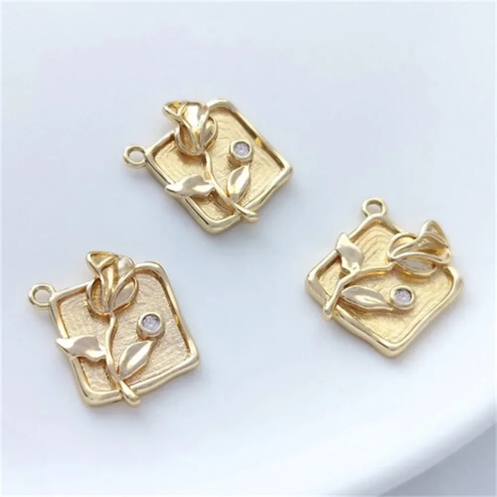 

14K Gold-filled Zirconium Diamond-shaped Square Brand Rose Magnolia Flower Pendant Handmade Bracelet Necklace DIY Charms Pendant