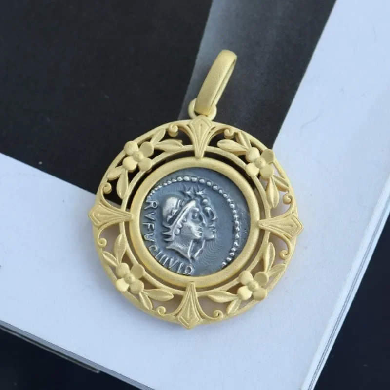 

Byzantine 925 Silver Roman Coin Replica Matte18K Gold Tone Filigree Pattern Medallion Handmade Floral Pendant C11N3S26290