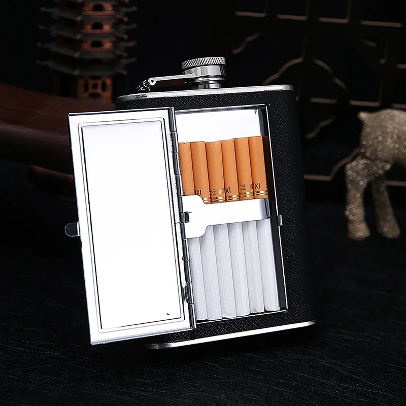 일체형 담배 상자 힙 플라스크, 스테인레스 스틸 알코올 병, 흡연 거치대 포함, 6oz 위스키 와인 병