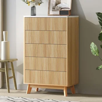 Fluted 5 Drawers Dresser for Bedroom, 47" Tall Handleless Chest of Drawers with Faux Marble Top, Curved Profile Design, Wood Dra