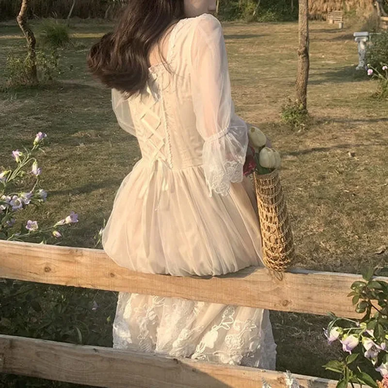 

Женское винтажное Кружевное платье миди, белое элегантное приталенное платье во французском стиле с квадратным вырезом, в стиле «лолита», лето 2022