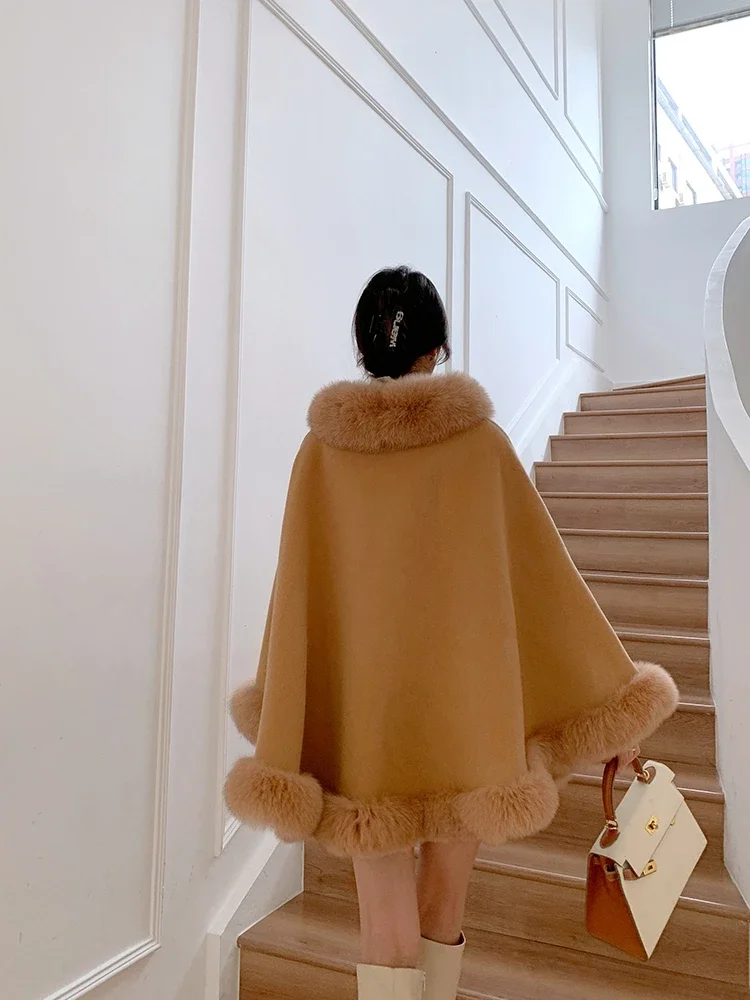 Fox Fur Collar Coat Cloak Fur Loose Woolen Autumn Winter Long Pullover Slim Warm Thick Outerwear Solid Jackets for Women Clothes