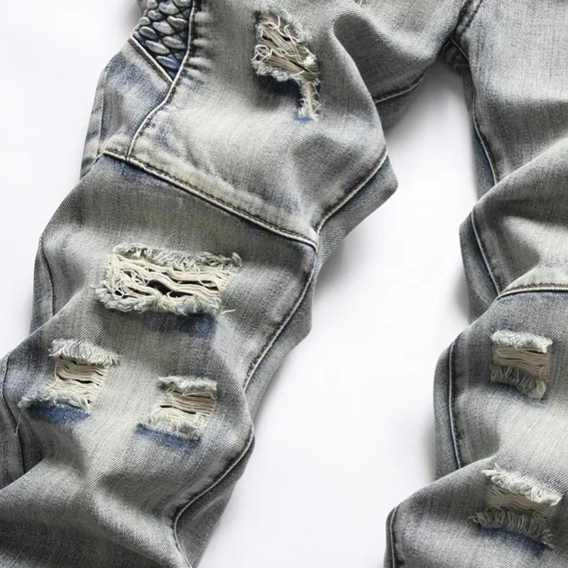 Men's Jeans Nostalgic Ripped Embroidered Straight-leg Slim Fit Casual Colorblock Denim Trousers