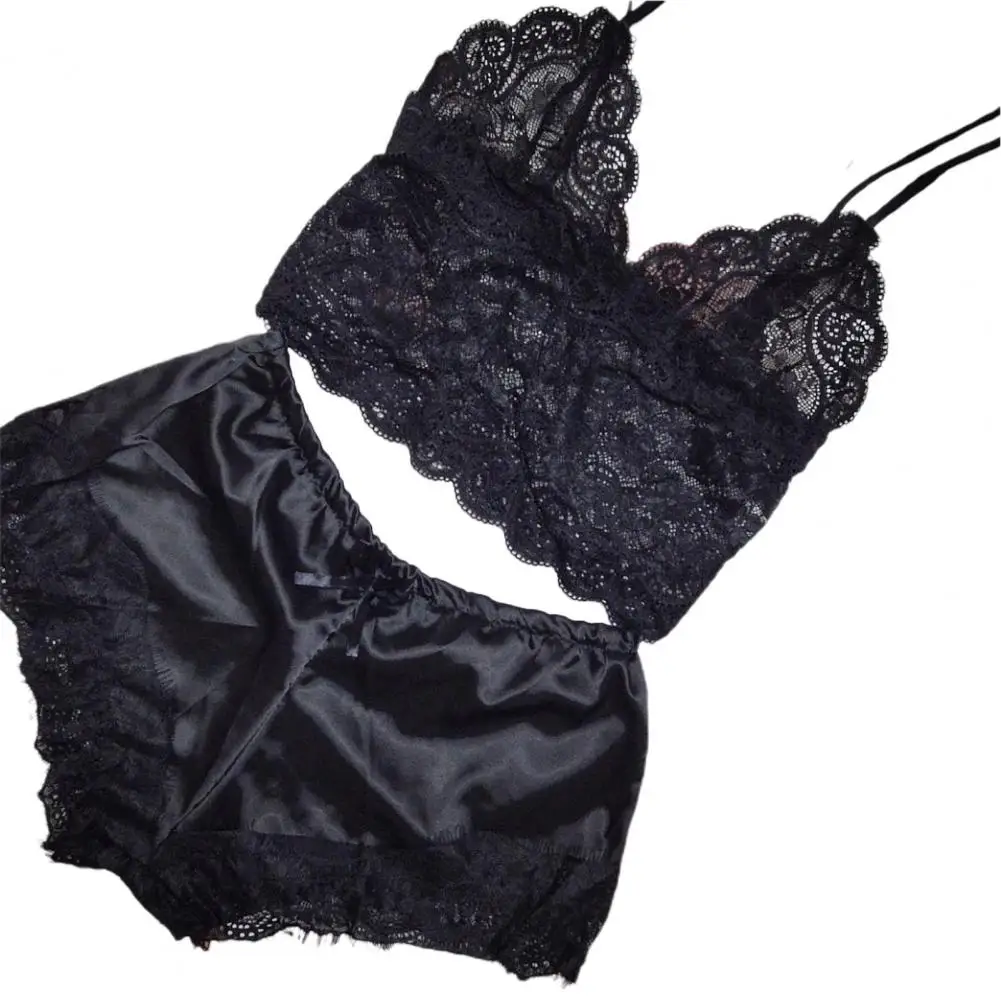 

1 Set Pajama Vest Shorts Set See Through Lace Patchwork Two Piece Sleepwear V Neck Robe With Belt Cami Top Lace Trim For Wedding
