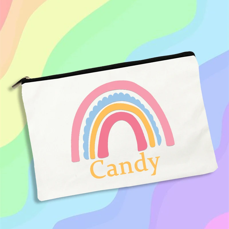 Best Gift Makeup Bag Personalized Rainbow Custom Name Travel Neceser Cosmetic Case Canvas Toiletry Organizer Student Pencil Bags