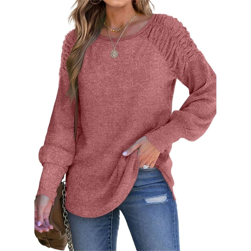 

Женский легкий плиссированный пуловер с длинными рукавами, туника, топ, однотонная рубашка в рубчик, повседневный свободный с