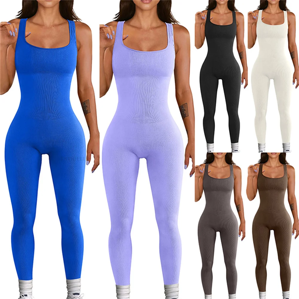 

Women Sleeveless Bodycon Jumpsuit Tight Fitting Bodysuit Woman Summer Sport Yoga Playsuits Solid Color Rompers combinaison femme