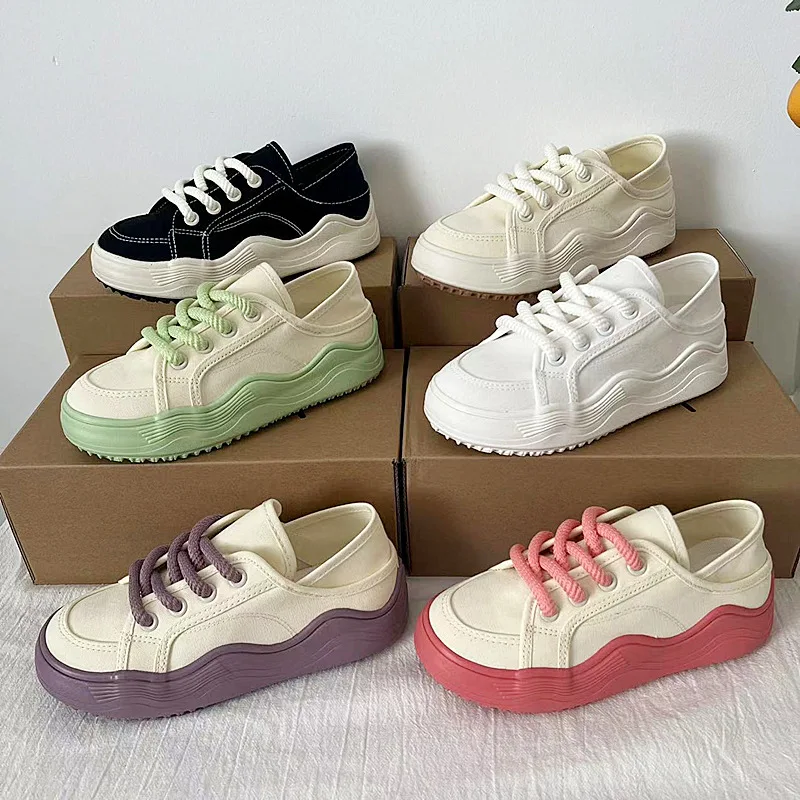 

Wave Platform Canvas Shoes Women's Green Espadrilles Woman Candy Color Low Top Slipper Sneaker Girl Lace Up Korean Tenis Shoes