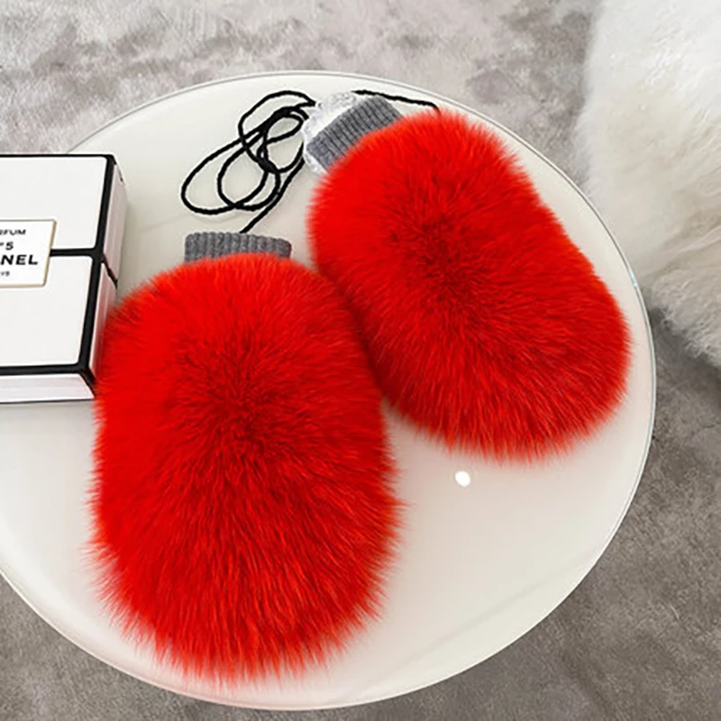 Winter Warm Genuine Fox Fur Covered Gloves Women Fashion Real Fox Fur Glove Outdoor Russia Thick Glove Women Warm